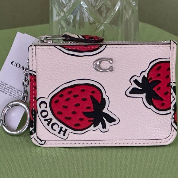 COACH STRAWBERRY PRINT LEATHER MINI SKINNY ID CASE:NWT STRAWBERRY/CHALK CT906 - Picture 15 of 15